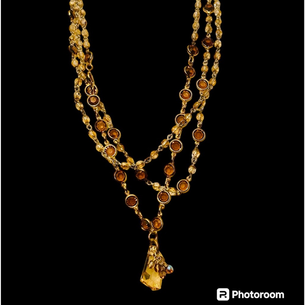 RHONDA ROX Amber & Yellow Crystal 3 Strand Necklace with Pretty Glass Pendant